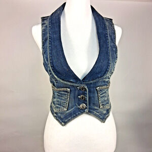 Vintage Guess Denim Vest Embroidered Size S Y2K Coastal Cowgirl Western Top